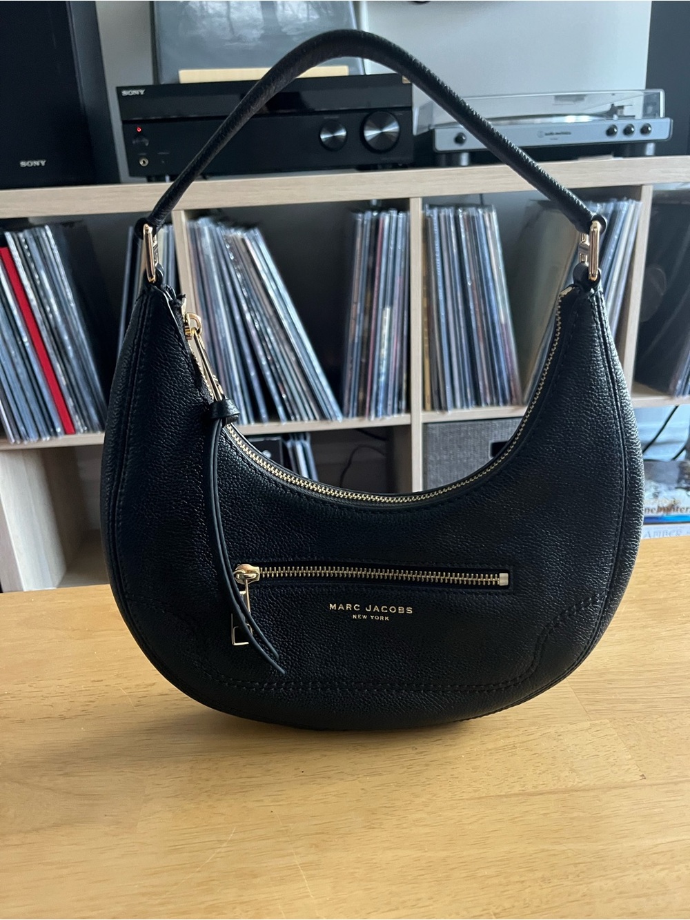 Marc Jacobs Black Pebbled Leather Crescent Shoulder Bag with Gold Hardware